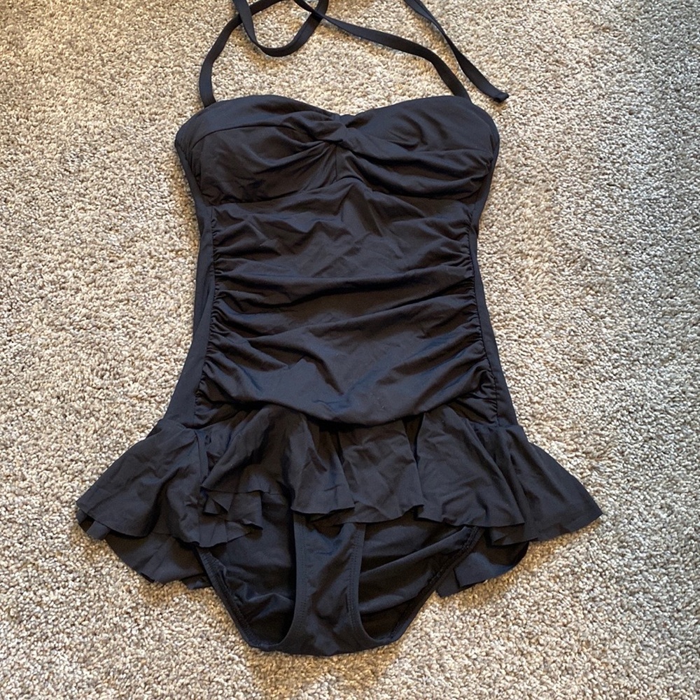 Black skirted one-piece swimsuit, full coverage /support, sz. 8